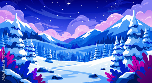 Vector illustration of a tranquil winter landscape at night, with snow-covered mountains, a pine forest, and a glowing starry sky