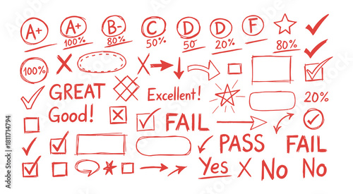 Hand-drawn assessment marks stickers grading symbols positive negative feedback schoolwork evaluation stamps
