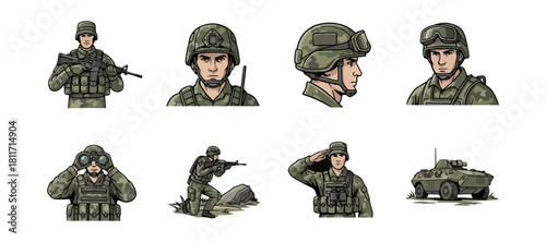 Soldier illustrations set combat gear military uniform vector