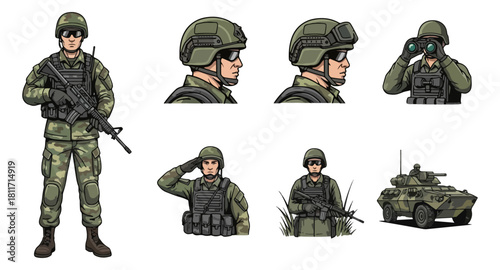 Soldier illustrations set various poses uniform equipment isolated