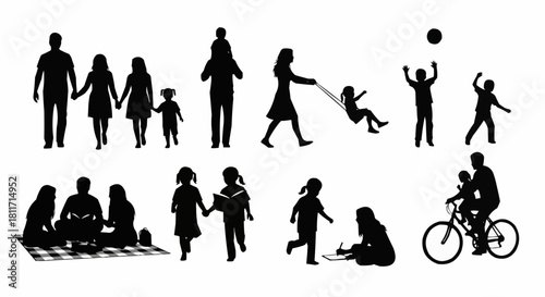 Family silhouettes enjoying various activities together in different settings.