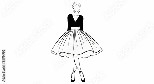 Elegant Woman in Full Skirt and Blouse Fashion Illustration.