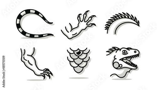 Stylized illustration of various animal forms and decorative elements