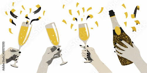 Celebration with champagne hands holding glasses and bottle with confetti