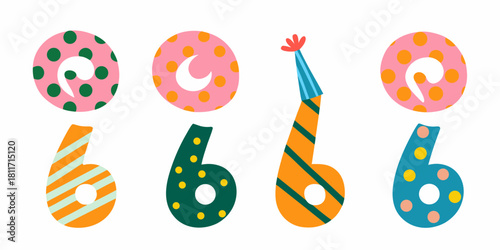 Colorful number six illustrations for birthday or anniversary celebrations