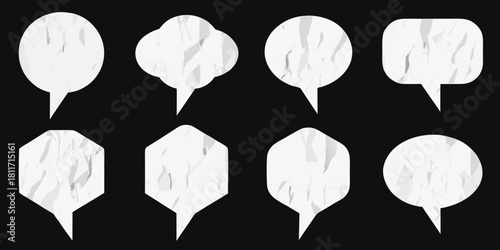 Variety of white crumpled paper speech bubbles on black background