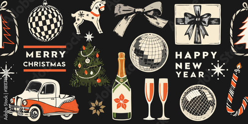 Retro christmas and new year celebration elements on black background