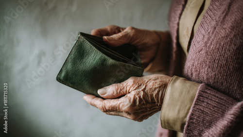 Elderly hands carefully open an empty, worn green leather wallet, revealing financial struggles and the harsh reality of poverty or insufficient savings in old age.