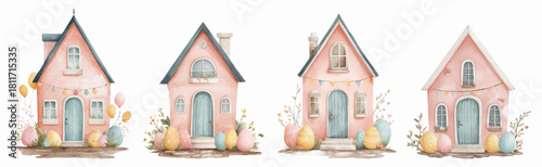 Easter house with pink walls and colorful eggs in spring garden. Cute cartoon cottage exterior with decorated facade, bright door, and festive Easter atmosphere.