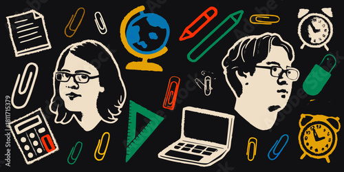 Drawn back to school illustration with students and school supplies