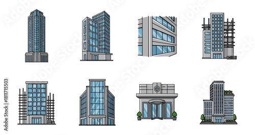 Urban architecture collection illustrated buildings and skyscrapers