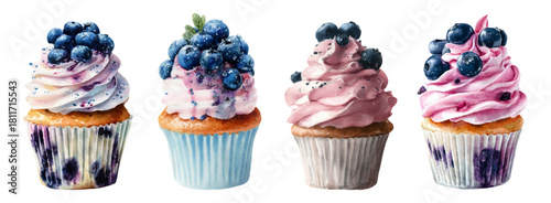 Watercolor set of blackened cupcakes. Desserts are decorated with lush cream in pink and lavender shades, as well as fresh blueberries. Perfect for summer menu design, pastry shop.