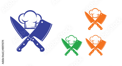 Colorful culinary emblems featuring chef hats and crossed kitchen knives