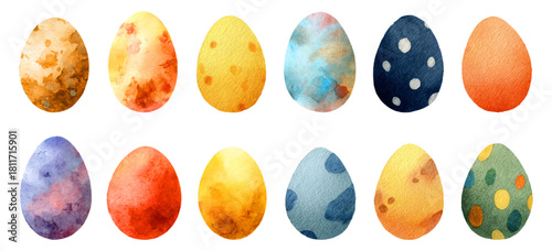 Colorful Easter egg collection with watercolor textures and simple shapes. Includes yellow, red, and purple decorated eggs ideal for holiday projects and seasonal greeting cards.