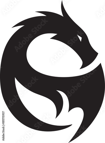 Vector Logo Silhouette of a Stylized Circular Dragon Head and Body