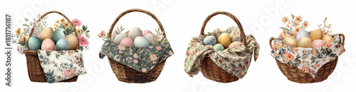 Watercolor set of Easter baskets with Easter eggs. Wicker baskets with floral towels and Easter eggs. Vintage rustic baskets with eggs and flowers. Happy Easter.