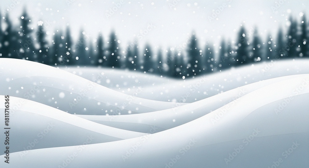Fototapeta premium Minimal Snowy Landscape Background with Falling Winter Flakes and Christmas Copy Space