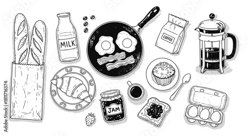 Whimsical hand drawn breakfast scene with coffee and pastries charming sketch art