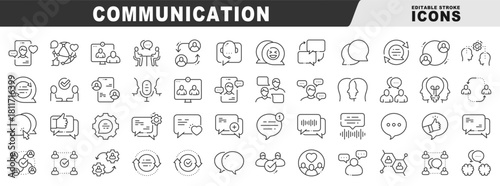Communication line icons covering chat, message, conversation, collaboration, meeting, support, webinar, podcast, network, feedback; editable stroke vector, mobile, profile, idea