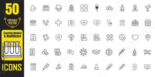 Fifty essential medical and healthcare outline vector icons set