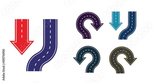 Stylized road and arrow graphic with curves and directional indications
