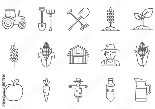 Rustic farm icons set agricultural tractor wheat corn farmer barn and garden tools collection