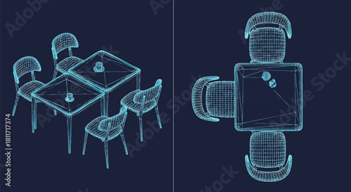 3D wireframe dining room set with chairs and tables illustration