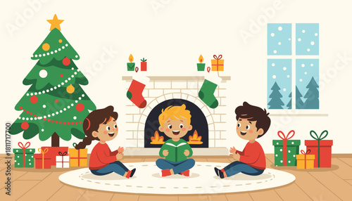 Children reading stories by the fireplace in a festive living room  