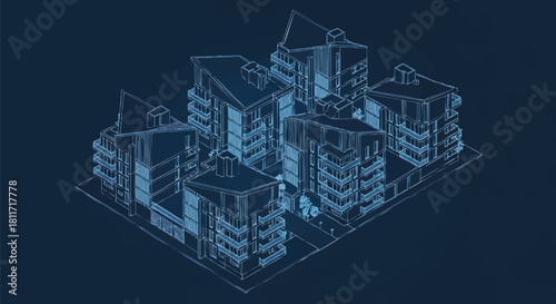 Architectural blueprint of modern residential complex showcasing sustainable design concept