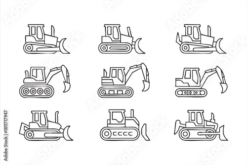 Minimal heavy-equipment icon set for contractor dashboards and builder platforms