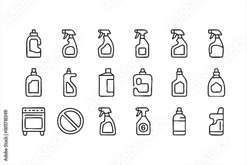 Detergent and spray bottle icon set in clean outline style