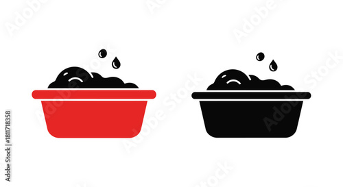 Two simple icons depicting a red and black bowl filled with soil
