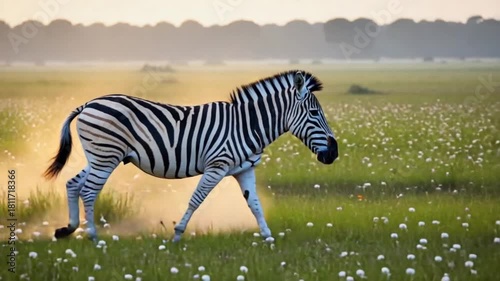 Zebra walking through a field of flowers at sunset in a golden light savanna landscape zebra video
