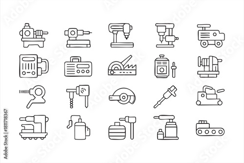 Power tool outline icons for manufacturing systems and engineering dashboards