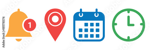 Location, time, calendar and notification bell icon set. Vector collection of date, address, alarm bell, and clock symbols for reminders, schedules, alerts. Flat illustrations for website and apps