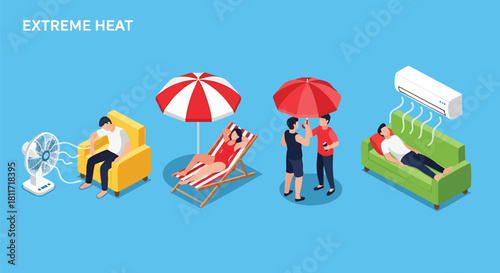 Coping with extreme heat isometric illustration demonstrating various cooling methods