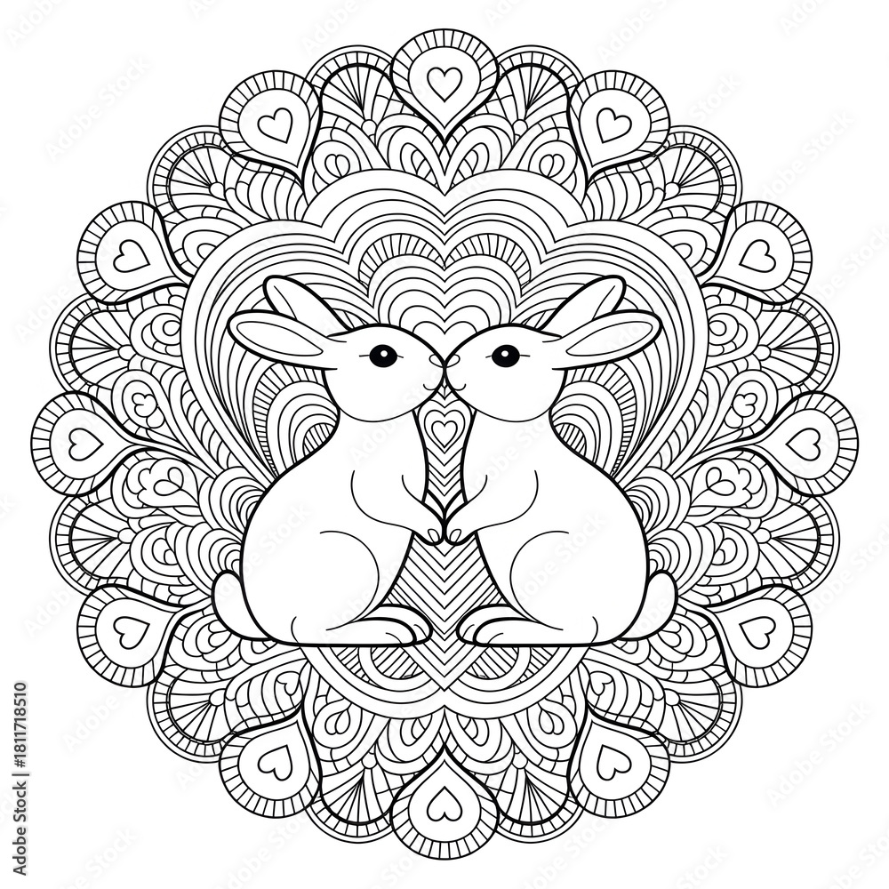 Obraz premium Rabbit Love Mandala: Two adorable rabbits are tenderly close in a mandala of intricate design, embracing each other to show love. this illustration evokes warmth and affection.