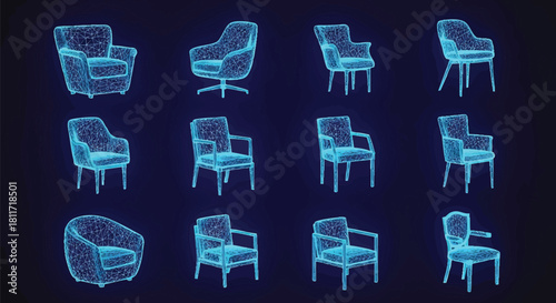 Digital Armchair Collection Wireframe Blue on Dark Background Design Style