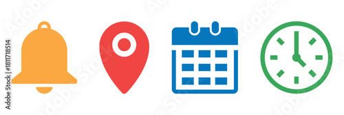 Location, time, calendar and notification bell icon set. Vector collection of date, address, alarm bell, and clock symbols for reminders, schedules, alerts. Flat illustrations for website and apps
