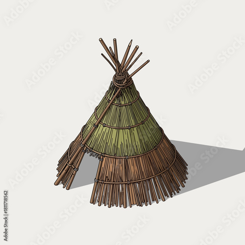 Minimalist Illustration of a Straw and Branch Teepee Structure Isolated