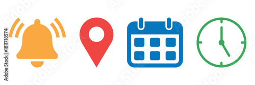 Location, time, calendar and notification bell icon set. Vector collection of date, address, alarm bell, and clock symbols for reminders, schedules, alerts. Flat illustrations for website and apps