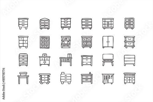Modern outline icons of drawers, wardrobes, and office desks