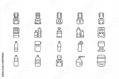 Water dispenser and bottle line icons for hydration systems and drink services