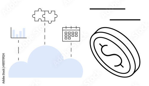 Cloud connecting a graph, puzzle pieces, and a calendar with a coin symbolizing finance. Ideal for tech, business, planning, finance, cloud solutions connectivity and innovation metaphor. Simple