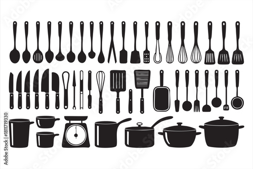 Black silhouette kitchen utensil icons for cookware and culinary tools