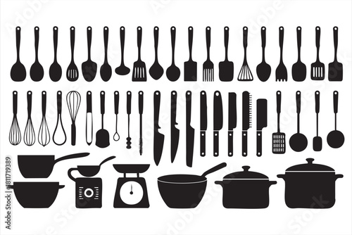 Kitchenware icon set featuring spoons, knives, whisks, and pans
