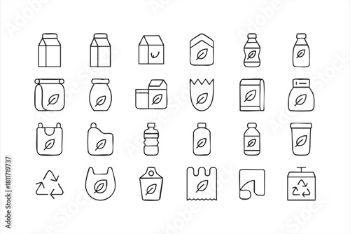 Minimal recyclable container icons featuring bottles, jars, cartons, and bags