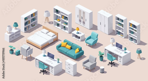 Isometric Furniture Arrangement for Interior Design Visualization and Decoration Concept