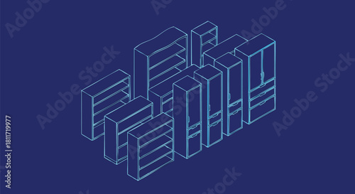 Isometric Furniture Design Illustration on Dark Blue Background for Interior Design