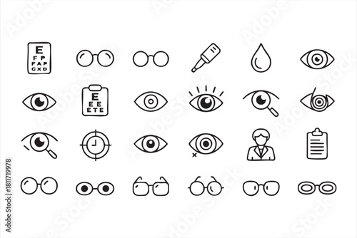 Minimal optometry icon set featuring charts, glasses, and eye examinations